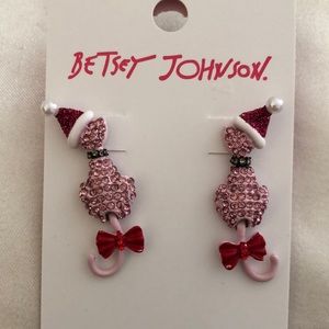 Betsey Johnson Pink Enamel & Crystal Santa Cat Drop Earrings Movable Tail NWT